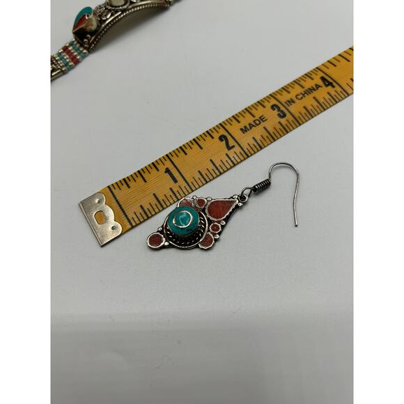 Tibetan Turquoise Coral Jewelry Set • Necklace Bracelet Earrings • Boho Artisan - Picture 6 of 6